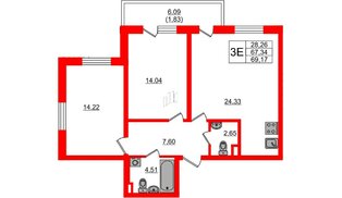 Квартира в ЖК «Новая история», 2 комнатная, 67.5 м², 1 этаж