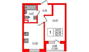 Квартира в ЖК «Новая история», 1 комнатная, 35 м², 2 этаж