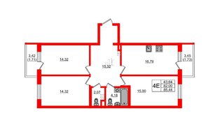 Квартира в ЖК «Новая история», 3 комнатная, 82.4 м², 3 этаж
