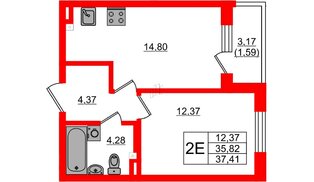 Квартира в ЖК «Новая история», 1 комнатная, 37.41 м², 2 этаж