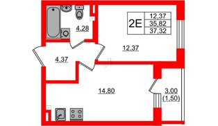 Квартира в ЖК «Новая история», 1 комнатная, 36.6 м², 2 этаж
