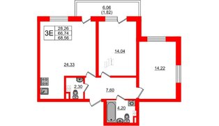 Квартира в ЖК «Новая история», 2 комнатная, 67.5 м², 3 этаж
