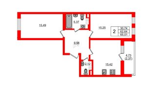Квартира в ЖК «Новая история», 2 комнатная, 63.2 м², 4 этаж