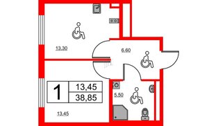 Апартаменты в ЖК «Авеню Апарт Пулково», 1 комнатные, 38.85 м², 14 этаж