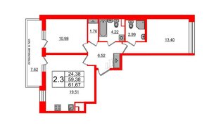 Квартира в ЖК Титул в Московском, 2 комнатная, 59.38 м², 2 этаж