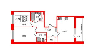 Квартира в ЖК Титул в Московском, 2 комнатная, 57.43 м², 5 этаж