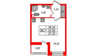 Квартира в ЖК «Титул в Московском», студия, 25.92 м², 2 этаж