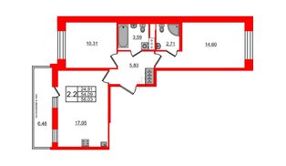 Квартира в ЖК Титул в Московском, 2 комнатная, 54.09 м², 4 этаж