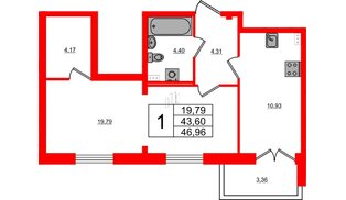 Квартира в ЖК Ново-Антропшино, 1 комнатная, 45.28 м², 1 этаж