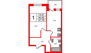 Квартира в ЖК «Ново-Антропшино», 1 комнатная, 36.35 м², 6 этаж