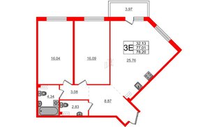 Квартира в ЖК Счастье 2.0, 2 комнатная, 78.3 м², 2 этаж