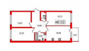 Квартира в ЖК Счастье 2.0, 3 комнатная, 79.6 м², 5 этаж