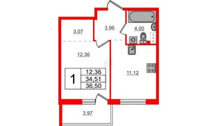 Квартира в ЖК «Счастье 2.0», 1 комнатная, 36.5 м², 4 этаж