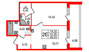Квартира в ЖК Лисино, 1 комнатная, 45.43 м², 2 этаж