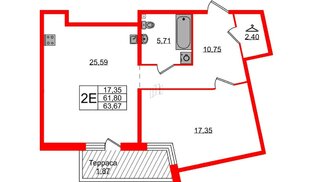 Квартира в ЖК Лисино, 1 комнатная, 63.67 м², 1 этаж