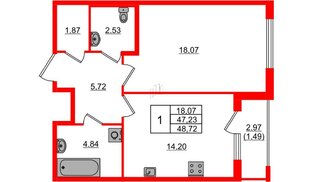 Квартира в ЖК Регенбоген, 1 комнатная, 48.72 м², 2 этаж