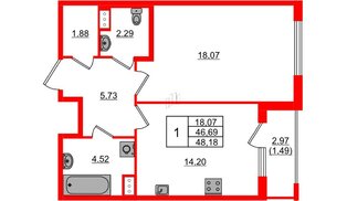 Квартира в ЖК Регенбоген, 1 комнатная, 48.18 м², 3 этаж