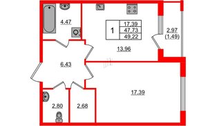 Квартира в ЖК Регенбоген, 1 комнатная, 49.22 м², 2 этаж