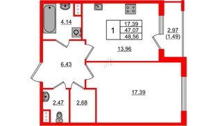 Квартира в ЖК Регенбоген, 1 комнатная, 48.56 м², 4 этаж