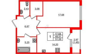 Квартира в ЖК Регенбоген, 1 комнатная, 51 м², 2 этаж