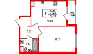 Квартира в ЖК Регенбоген, 1 комнатная, 45.19 м², 5 этаж