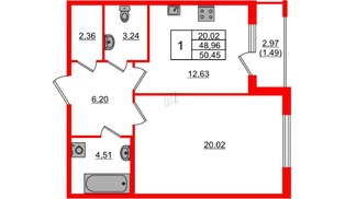 Квартира в ЖК Регенбоген, 1 комнатная, 50.45 м², 2 этаж