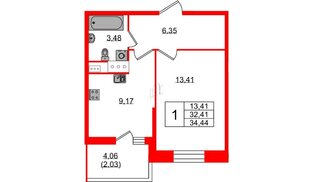 Квартира в ЖК «Аквилон Сторис», 1 комнатная, 34.1 м², 2 этаж