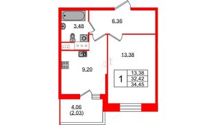 Квартира в ЖК «Аквилон Сторис», 1 комнатная, 34 м², 4 этаж