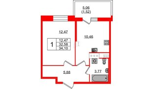 Квартира в ЖК «Аквилон Сторис», 1 комнатная, 33.7 м², 5 этаж