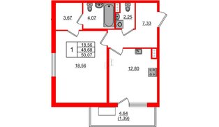 Квартира в ЖК Регенбоген, 1 комнатная, 50.07 м², 6 этаж