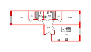 Квартира в ЖК Регенбоген, 2 комнатная, 68.98 м², 1 этаж