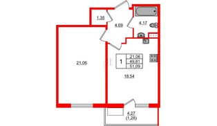 Квартира в ЖК Регенбоген, 1 комнатная, 51.09 м², 7 этаж