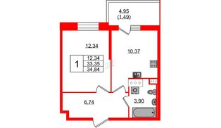 Квартира в ЖК «Аквилон Сторис», 1 комнатная, 34.2 м², 9 этаж