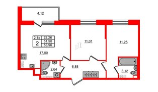 Квартира в ЖК «Парадный ансамбль», 2 комнатная, 51.9 м², 5 этаж