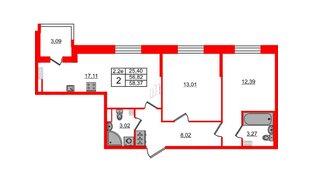 Квартира в ЖК «Парадный ансамбль», 2 комнатная, 56.82 м², 4 этаж