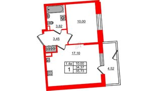 Квартира в ЖК «Парадный ансамбль», 1 комнатная, 33.8 м², 1 этаж