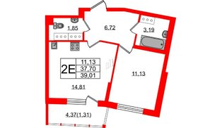 Квартира в ЖК «Левитан», 1 комнатная, 39.01 м², 19 этаж