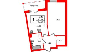 Квартира в ЖК Левитан, 1 комнатная, 42.24 м², 2 этаж