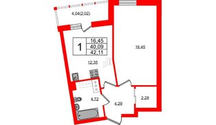 Квартира в ЖК Левитан, 1 комнатная, 42.11 м², 17 этаж