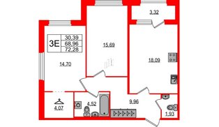 Квартира в ЖК «Квартал Б15», 2 комнатная, 68.96 м², 3 этаж