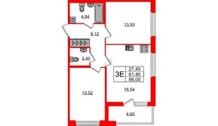 Квартира в ЖК Квартал Б15, 2 комнатная, 61.4 м², 2 этаж
