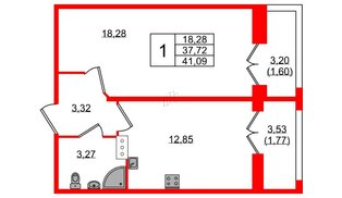 Квартира в ЖК «Рождественский квартал», 1 комнатная, 41.09 м², 5 этаж