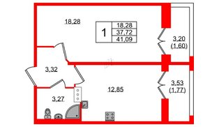 Квартира в ЖК «Рождественский квартал», 1 комнатная, 41.09 м², 7 этаж