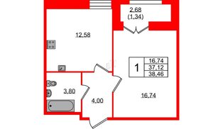 Квартира в ЖК «Рождественский квартал», 1 комнатная, 38.46 м², 1 этаж