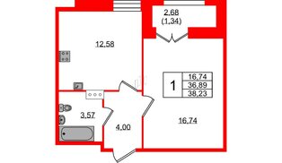 Квартира в ЖК «Рождественский квартал», 1 комнатная, 38.23 м², 2 этаж