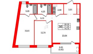 Квартира в ЖК N8, 2 комнатная, 74.74 м², 3 этаж