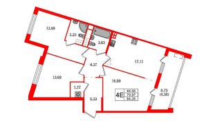 Квартира в ЖК N8, 3 комнатная, 84.35 м², 9 этаж