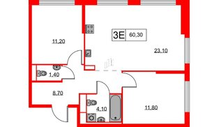Квартира в ЖК Кантемировская 11, 2 комнатная, 60.3 м², 1 этаж
