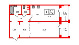 Квартира в ЖК Сибирь, 1 комнатная, 62 м², 1 этаж