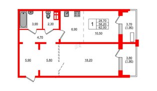 Квартира в ЖК Сибирь, 1 комнатная, 62 м², 8 этаж